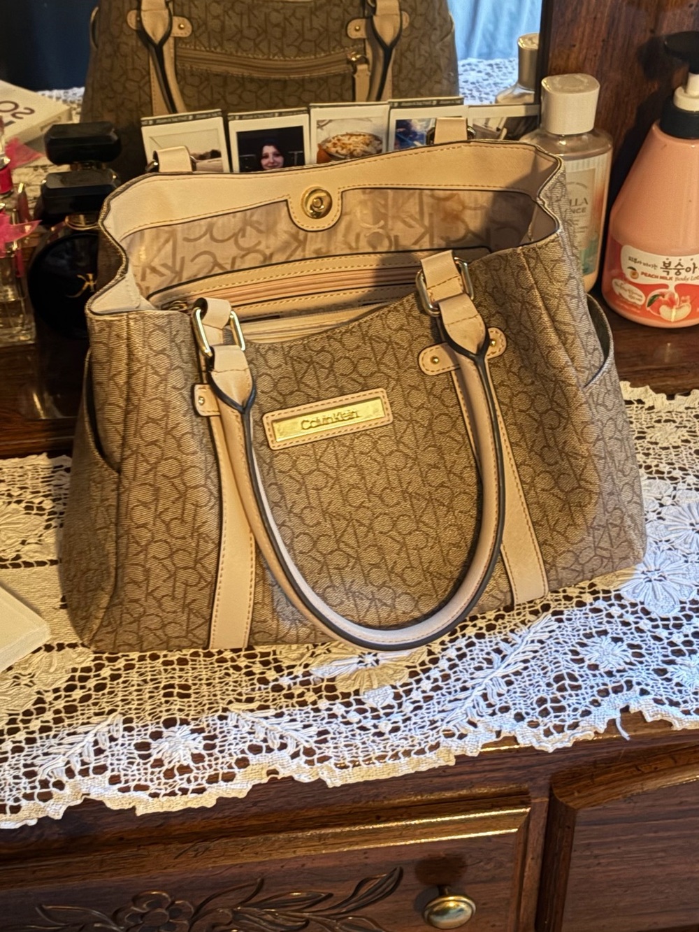 Calvin Klein Beige/Tan Monogram Satchel with Gold Plaque
